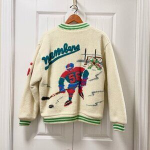 Vintage Made in Japan 80s Wool Knit Hockey Varsity Jacket Cream